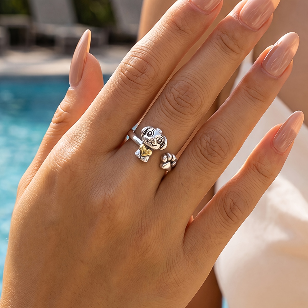 Women's Puppy Hugging Heart Open Ring, Daily Versatile Fashion